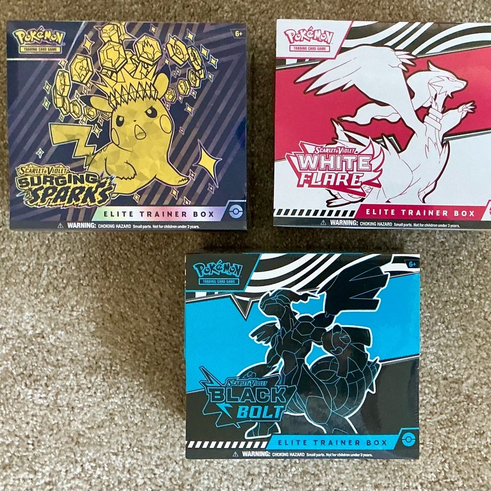 Sealed 3 Pokémon ETB Set bundle surging sparks, white flare & black bolt